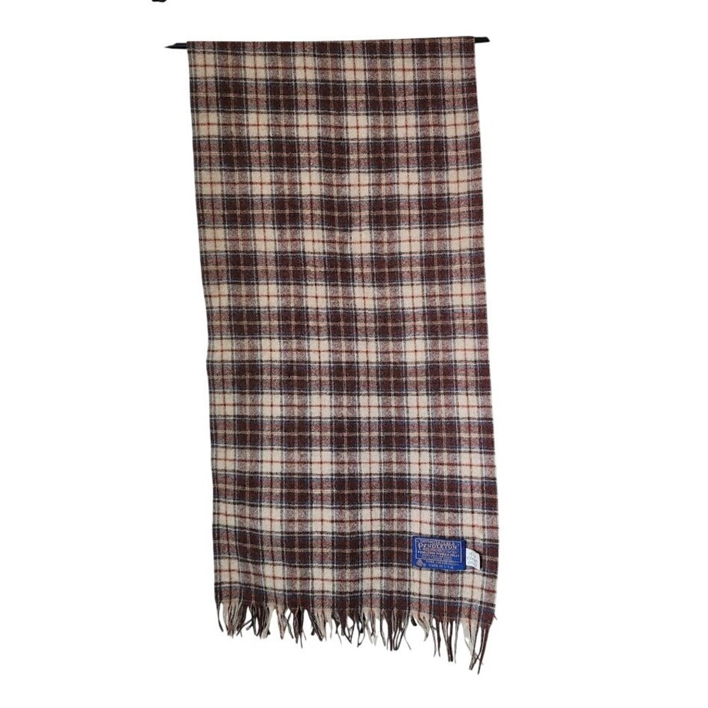 VINTAGE Pendleton 100% Pure Virgin Wool Plaid Fringe Scarf Brown Cream USA